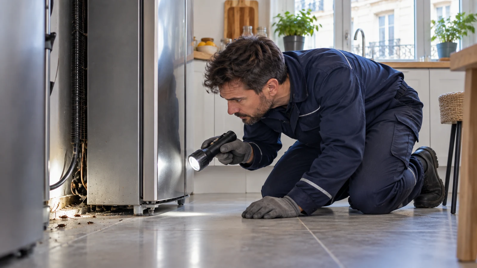Inspection derrière un réfrigérateur pour détecter des blattes