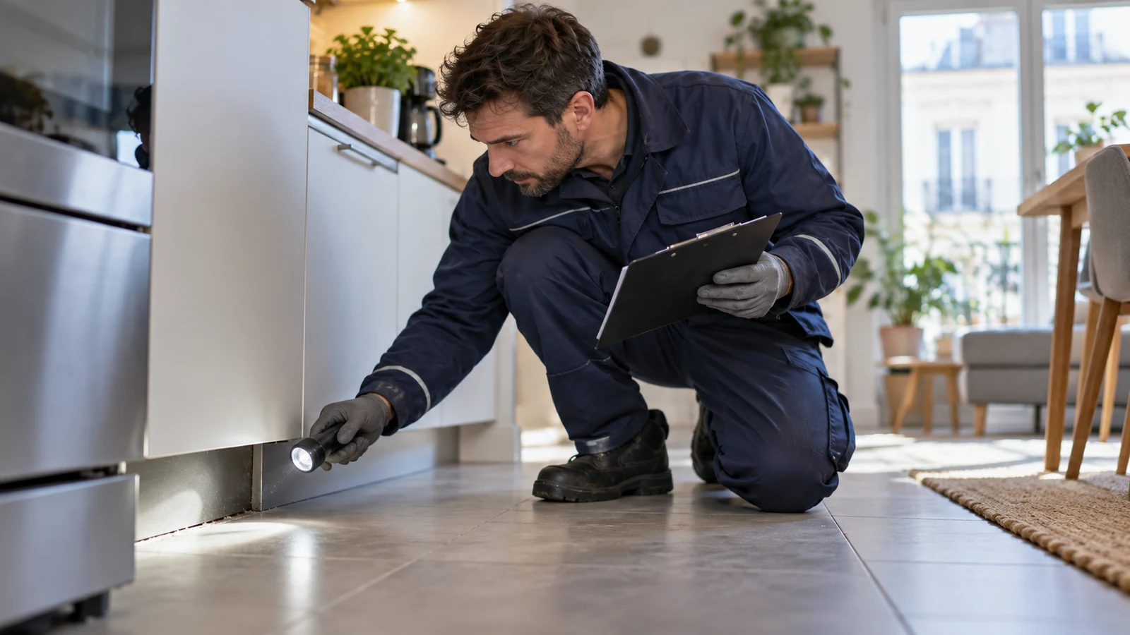 Technicien inspectant un logement avant traitement des cafards