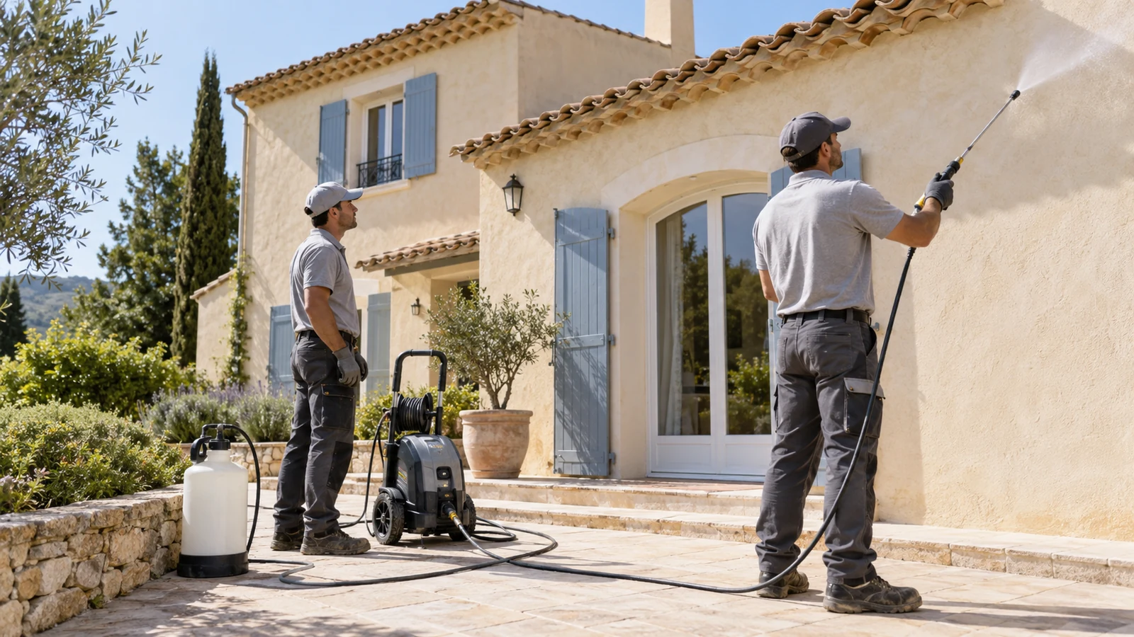 Équipe de nettoyage intervenant sur une façade de maison
