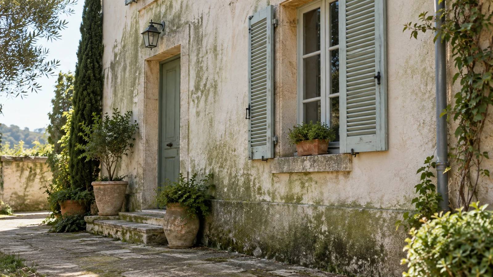 Verdissures et salissures sur une façade extérieure