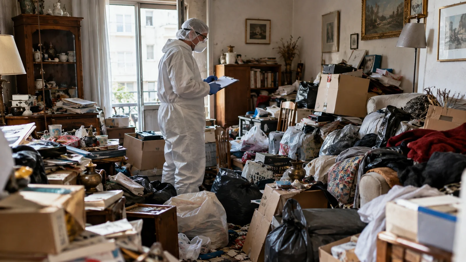 Évaluation d’un logement très encombré avant nettoyage