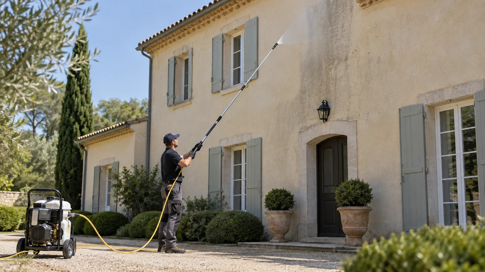 Technicien réalisant le nettoyage d’une façade