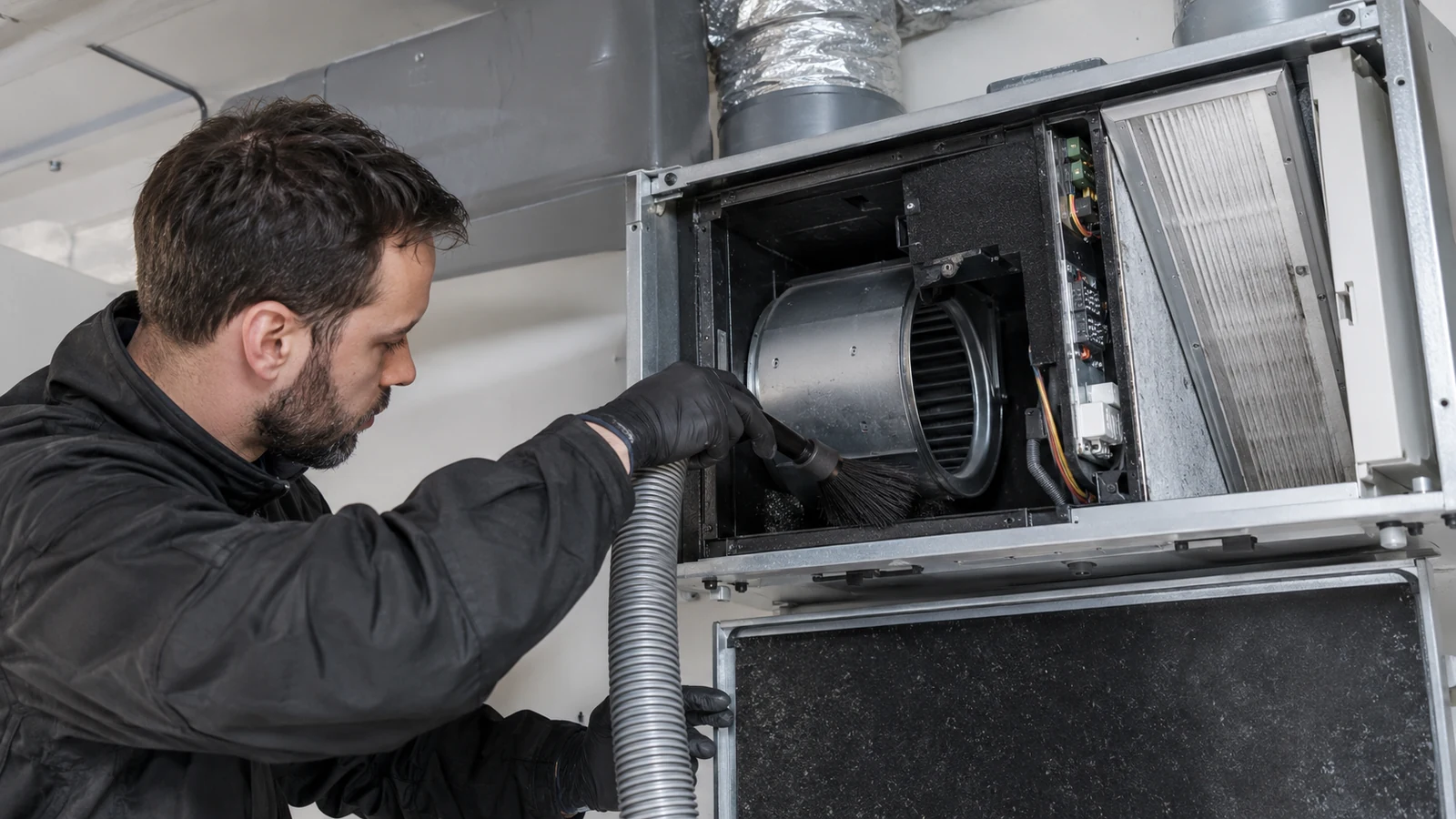 Technicien nettoyant le caisson moteur d’une VMC