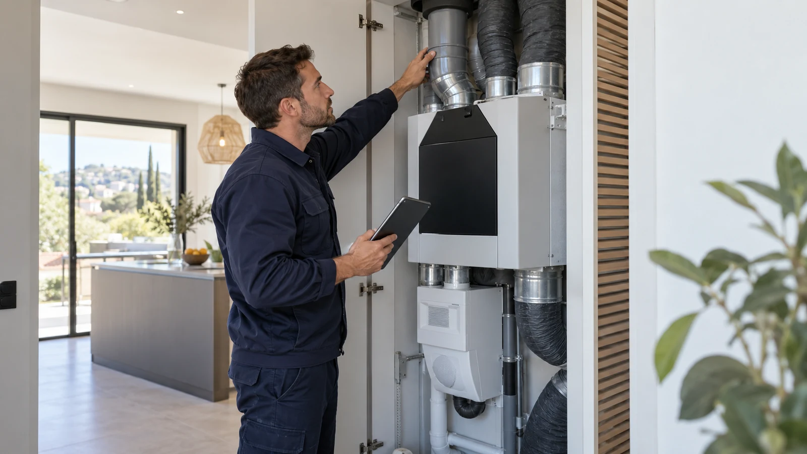 Technicien contrôlant une installation de VMC dans un logement
