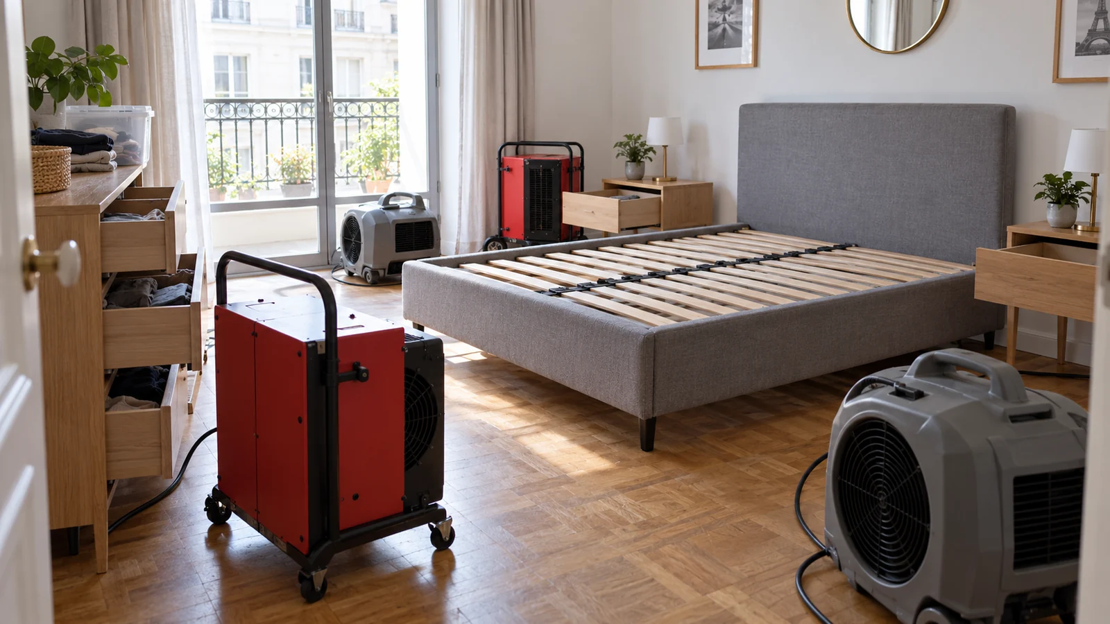 Chambre préparée pour un traitement thermique contre les punaises de lit