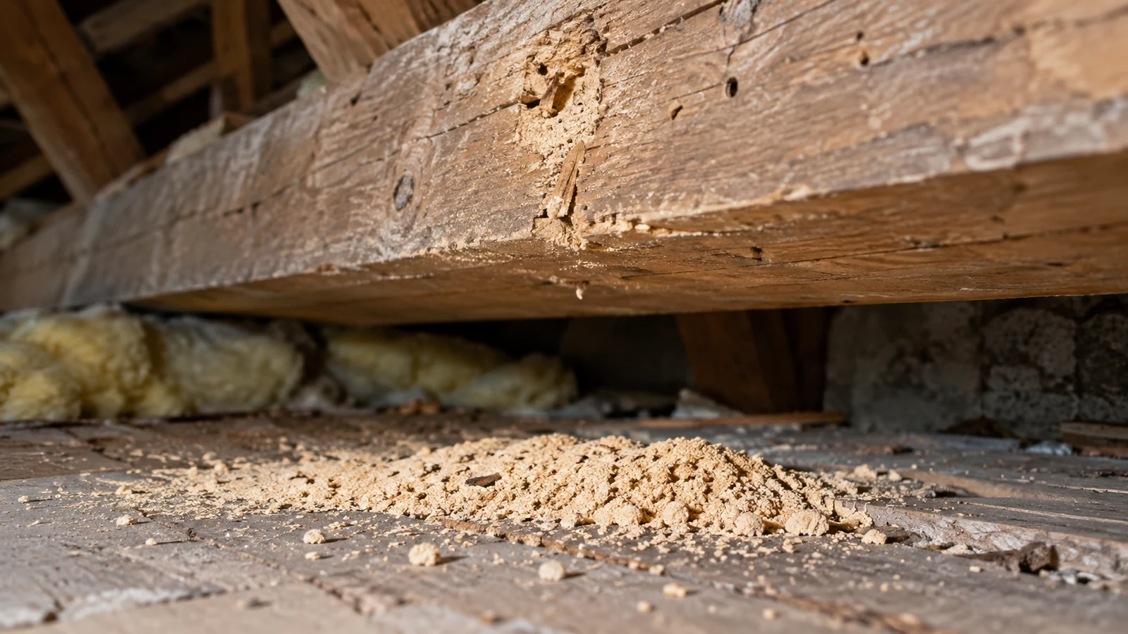 Vermoulure au pied d’une pièce de charpente